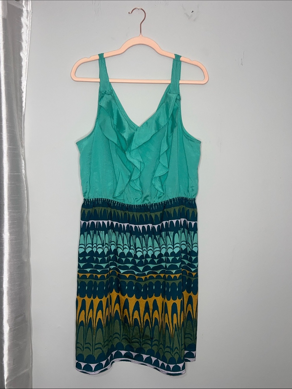 MOSSIMO Sleeveless Lightweight Sundress Teal Green Ruffle V-Neck Printed Waist